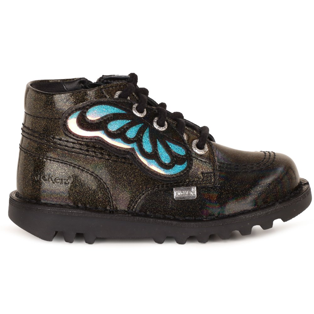 Kickers Girls Black Sparkle Patent Hi Wing Infant Boots Colour: : Size 8.5 Kids