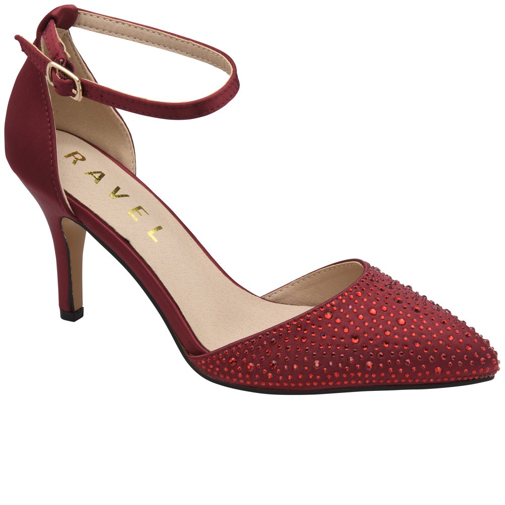 Ravel Women's Burgundy Satin/Diamante Hale Heeled Shoes Colour: : Size 7